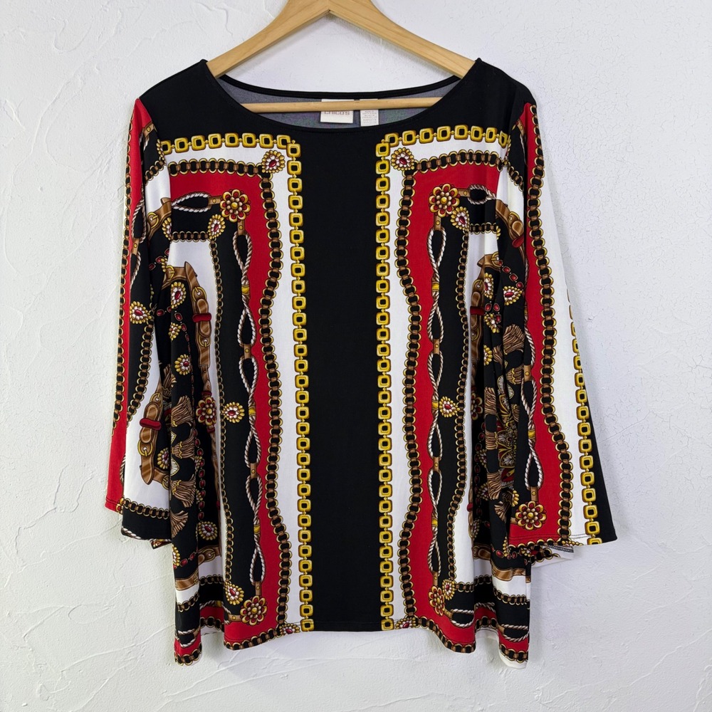 Chicos Chain Print Boat Neck Top Womens 3 XL Red Black Gold Scarf Print Glam